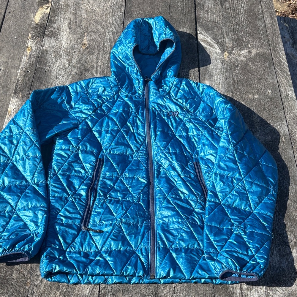 Outdoor Research Helium 
ultralight hooded puffer jacket